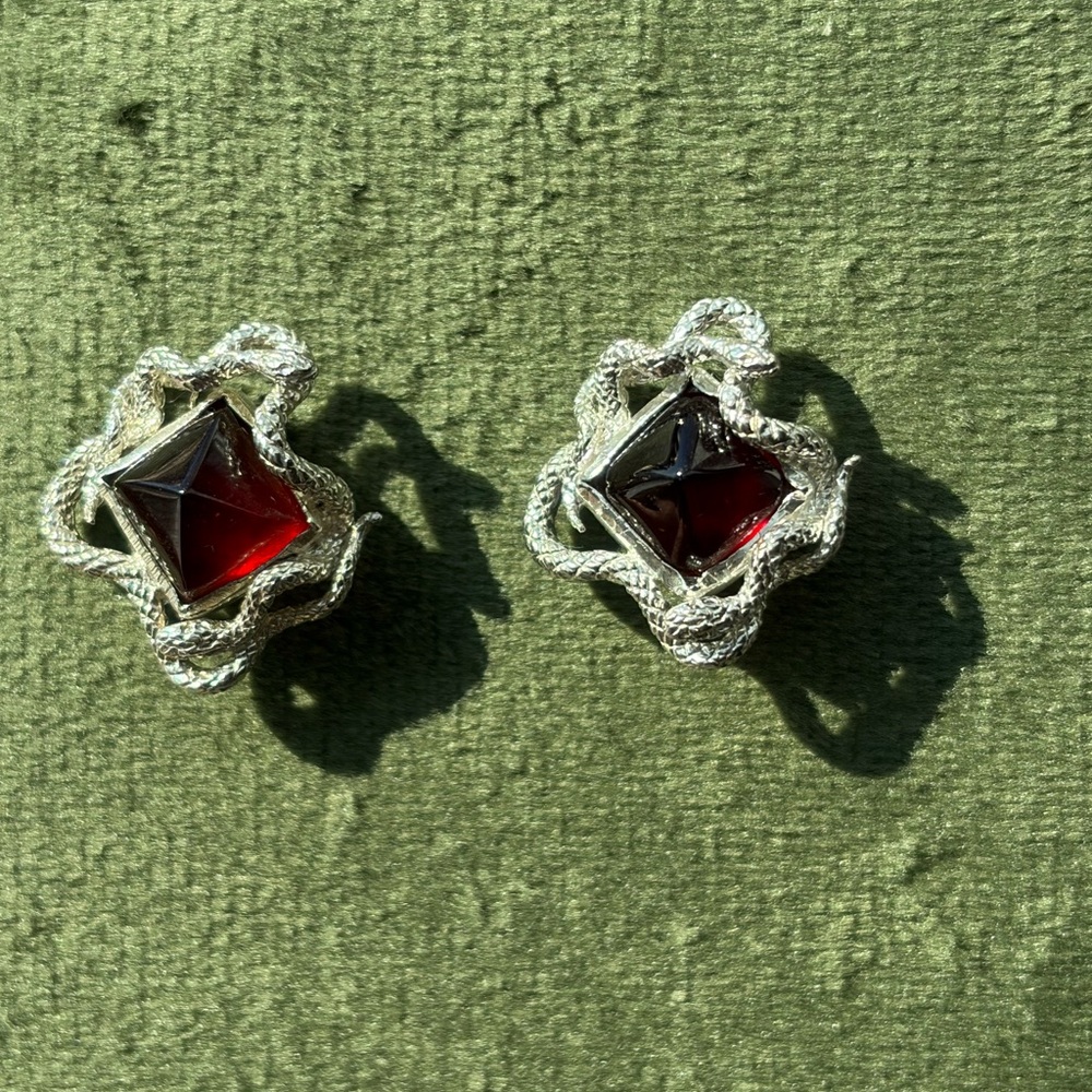 Silver Snake Wrap Stud Earrings with Red Stone (Possibly Amber)
